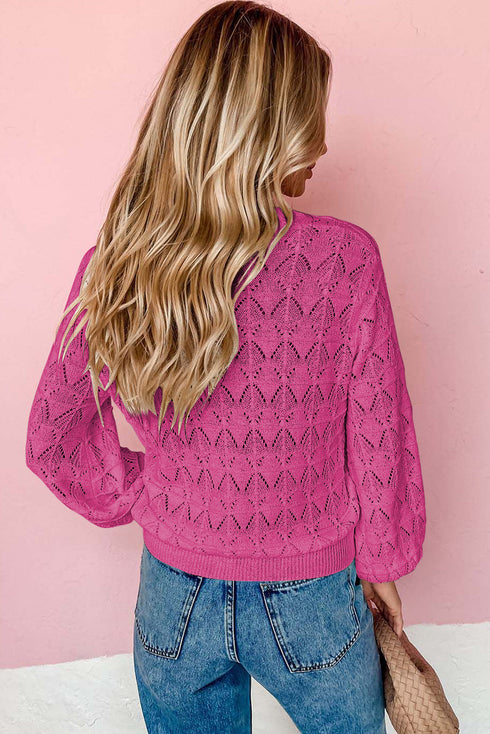 Crochet Knit V-Neck Button Front Long Sleeve Lightweight Cardigan Sweater